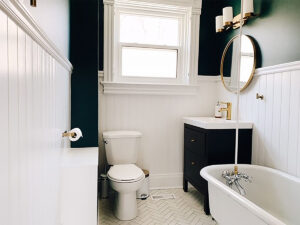 Renovated bathroom, Night Watch colour and brass accents